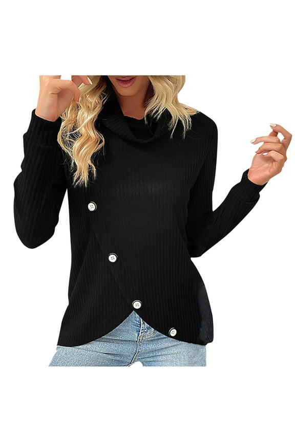Womens Trendy Ribbed Knit Tops Long Sleeve Novelty Buttons Front Wrap Cowl Neck Casual Sweater Pullover Blouses (Medium, Black)