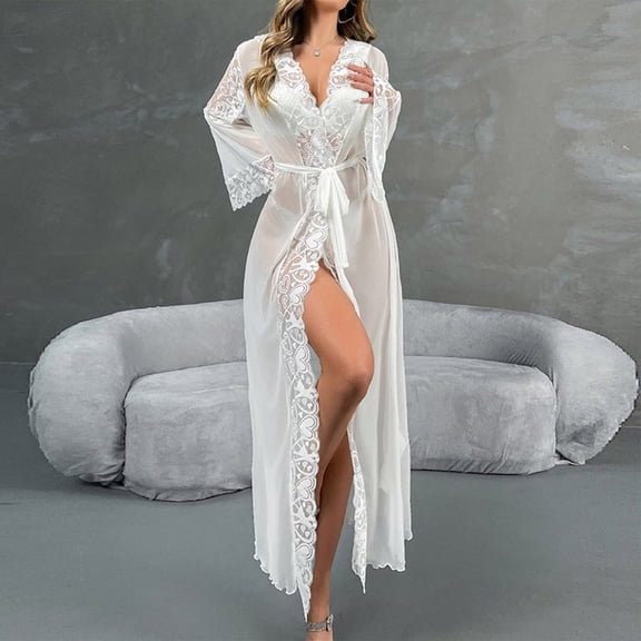 Womens Trendy Robe Casual V Neck Long Sleeve Nightgown Lace-Trim Mesh See Through Belted Sleepwear with Hooded New Lightweight Warm Robes for Women White S