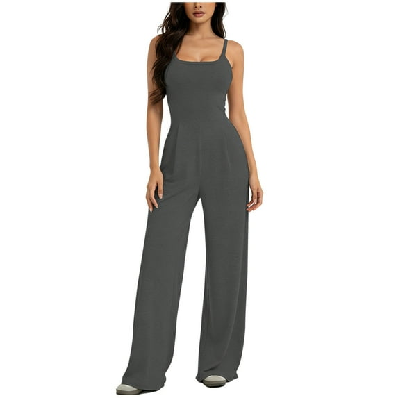 Womens Trendy Rompers Spaghetti Strap Sleeveless Tank Tops Wide Leg Pants Tummy Control Workout Jumpsuits One Piece Jumpsuits 2026 Beach Vacation Summer Travel Outfits