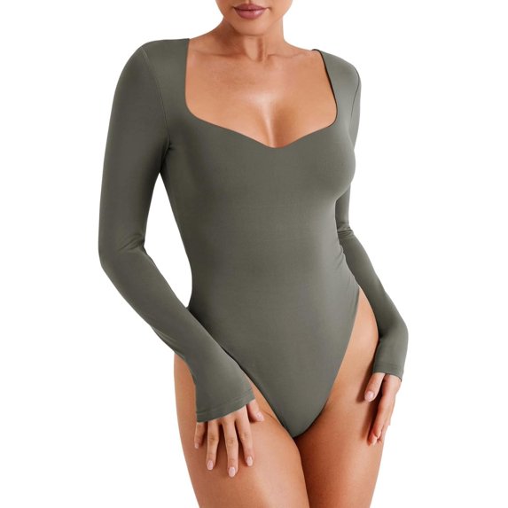 Womens Trendy Sexy Sweetheart Neck Double Lined Layering Long Sleeve Body Suit Going Out Bodysuits Tops
