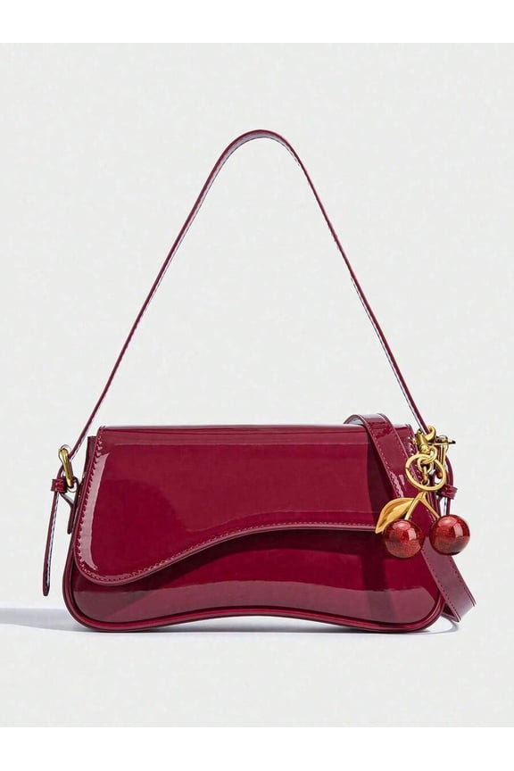 Womens Trendy Shoulder Bag with Cherry Charm Accessory, Retro Faux Leather Hobo Underarm Purse, Chic Commuter Tote for Office & Travel, Fashionable Gift for Her