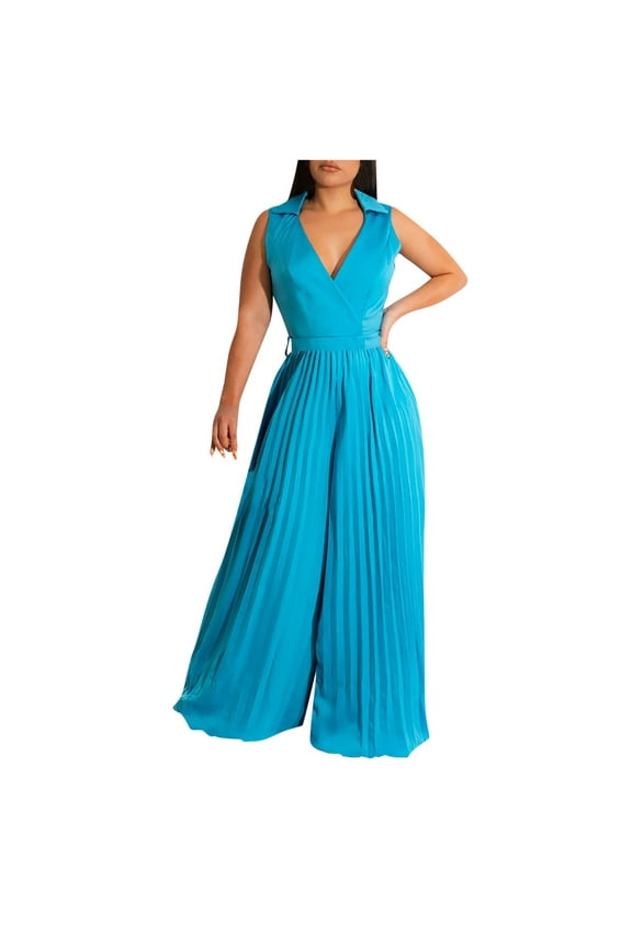 Womens Trendy Sleeveless Dress Jumpsuits V Neck Pleated Wide Leg Long Romper Chain Belt Dressy Work Playsuits (S, Blue)