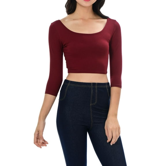Womens Trendy Solid Color Basic Scooped Neck and Back Crop Top 3/4 Sleeve Burgundy Small