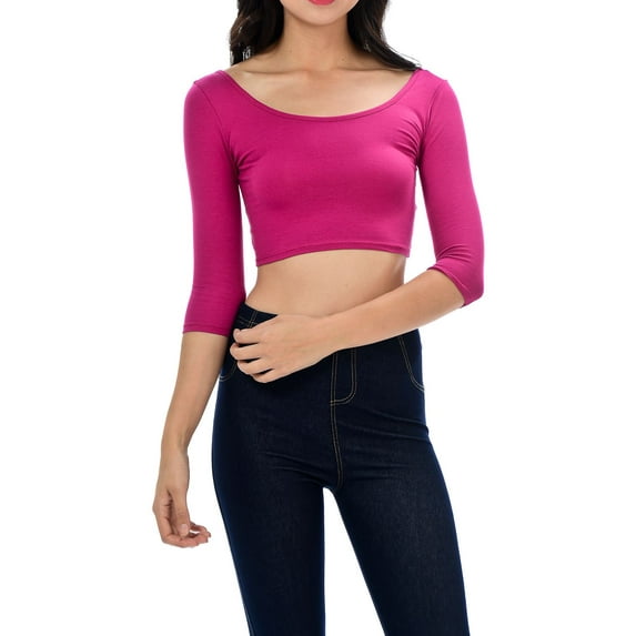Womens Trendy Solid Color Basic Scooped Neck and Back Crop Top 3/4 Sleeve Magenta Medium