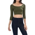 thumbnail image 1 of Womens Trendy Solid Color Basic Scooped Neck and Back Crop Top 3/4 Sleeve Olive Green Large, 1 of 3