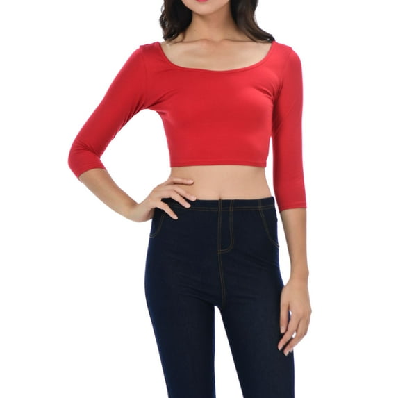 Womens Trendy Solid Color Basic Scooped Neck and Back Crop Top 3/4 Sleeve Red Large