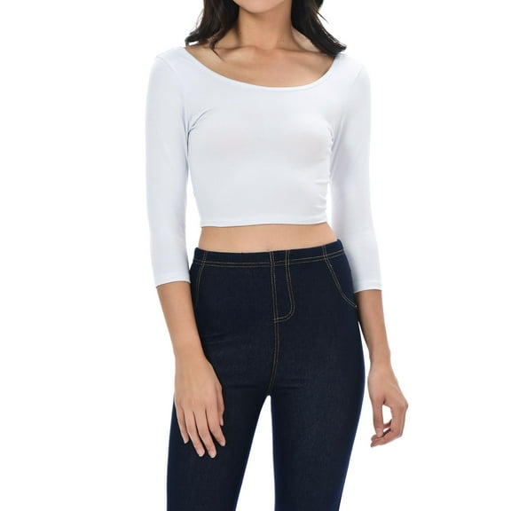 Womens Trendy Solid Color Basic Scooped Neck and Back Crop Top 3/4 Sleeve White S