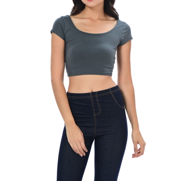 Womens Trendy Solid Color Basic Scooped Neck and Back Crop Top Charcoal Small