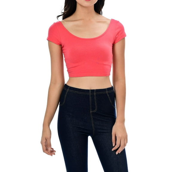 Womens Trendy Solid Color Basic Scooped Neck and Back Crop Top Dk Coral Large