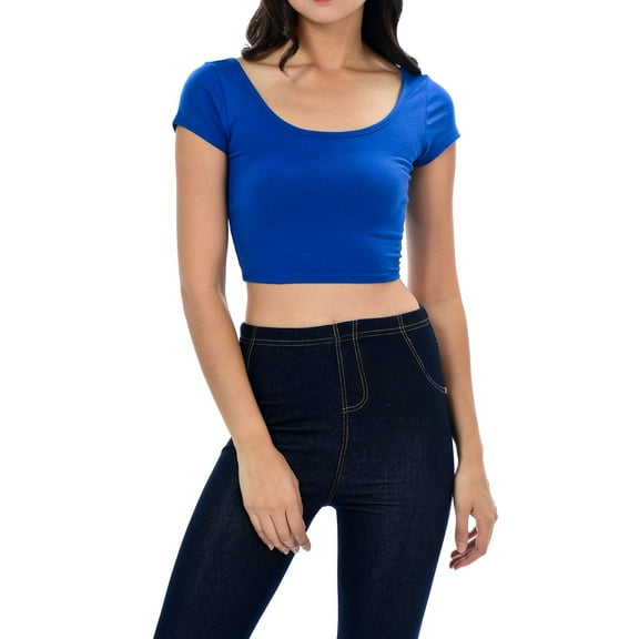 Womens Trendy Solid Color Basic Scooped Neck and Back Crop Top Royal Blue Large