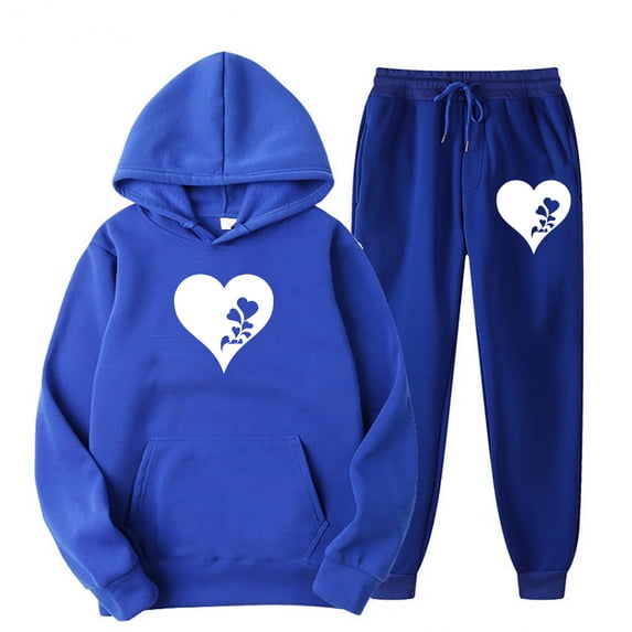 Womens Trendy Sports Suit Set Casual Loose Coat Long Pants Hooded Heartbeat Print Sweater Tops Set Long Sleeve Hooded Set,Blue 3,3XL