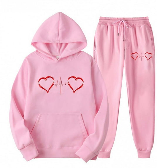 Womens Trendy Sports Suit Set Casual Loose Coat Long Pants Hooded Heartbeat Print Sweater Tops Set Long Sleeve Hooded Set,Pink 1,3XL