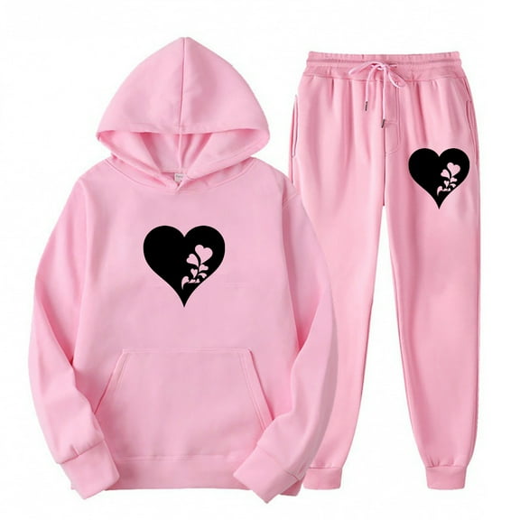 Womens Trendy Sports Suit Set Casual Loose Coat Long Pants Hooded Heartbeat Print Sweater Tops Set Long Sleeve Hooded Set,Pink 3,2XL