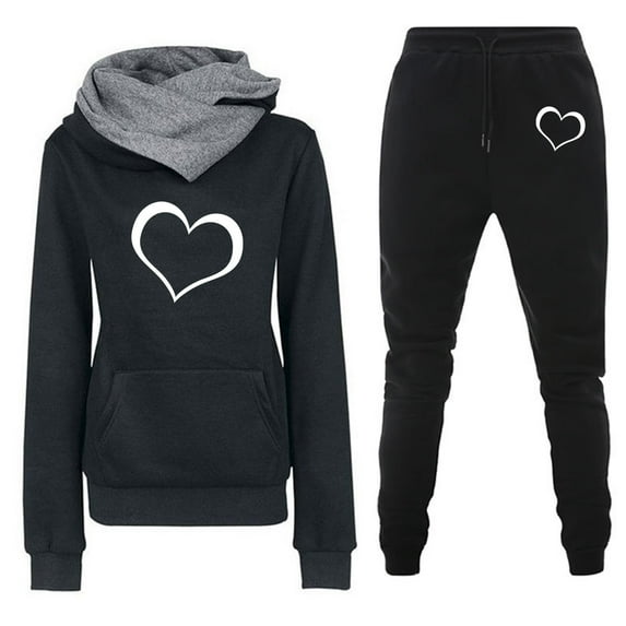 Womens Trendy Sports Suit Set Casual Loose Coat Long Pants and Hooded Trendy Print Sweater Tops Set Long Sleeve Hooded Set,Black,2XL