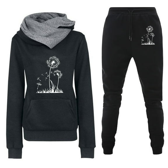 Womens Trendy Sports Suit Set Casual Loose Coat Long Pants and Hooded Trendy Print Sweater Tops Set Long Sleeve Hooded Set,Black,L