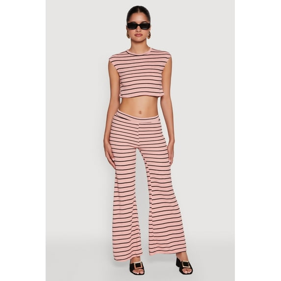 Womens Trendy Striped Brushed Knit Flare Leg Pants