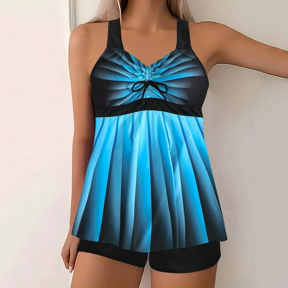 Womens Trendy Striped Printed Push up Strappy Strap Tankini Top with Boy Shorts Beach Swimwear