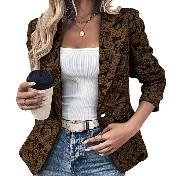 Womens Trendy Suit Blazers Floral Printed Slim Fit Dressy Casual Cropped Blazer Jacket Work Office Wear Outerwear (L, Brown)