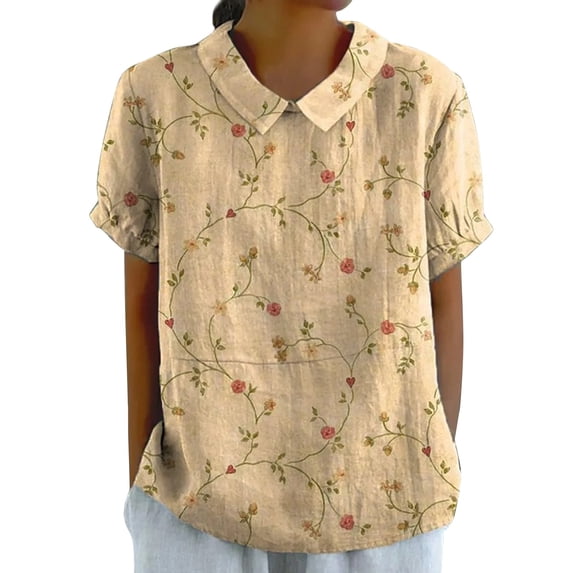 Womens Trendy Summer Tops Art Floral Blouses Casual Loose Fit Crewneck Pullover Tunic Top with Buttons