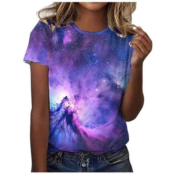 Womens Trendy Summer Tops Galaxy Graphic Printed T Shirts Classic Fit Short Sleeve Crewneck Tee Shirt Dressy Blouse and Top Fashion Going Out Workout Clothes Loose Comfy Tunic