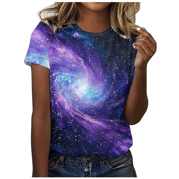 Womens Trendy Summer Tops Galaxy Graphic Printed T Shirts Classic Fit Short Sleeve Crewneck Tee Shirt Dressy Blouse and Top Fashion Going Out Workout Clothes Loose Comfy Tunic
