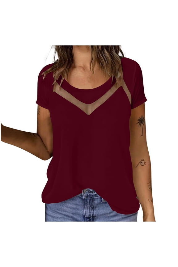 Womens Trendy Summer Tops Mesh Patchwork Crew Neck Short Sleeve Casual Sexy Tunic Blouses Loose Fit (2XL, Wine)
