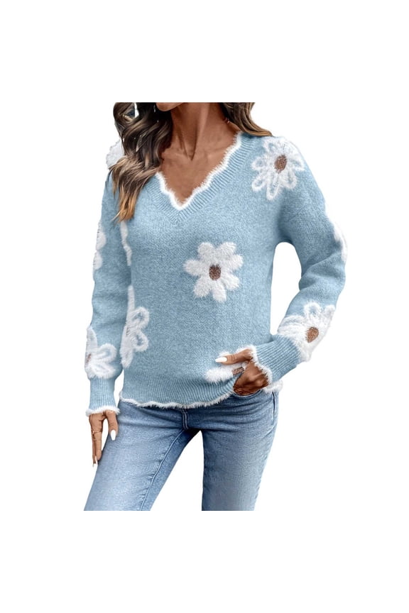 Womens Trendy Sweaters with White Flowers Pattern Colorblock V Neck Pullover Sweater Soft Knit Fall Winter Tops (M, Light Blue)