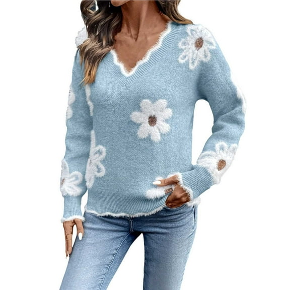 Womens Trendy Sweaters with White Flowers Pattern Colorblock V Neck Pullover Sweater Soft Knit Fall Winter Tops (XL, Light Blue)