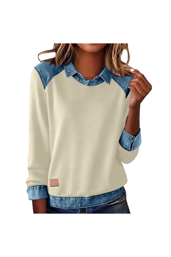 Womens Trendy Sweatshirts Denim Jean Patchwork Lapel Collar Pullover Colorblock Tops Casual Long Sleeve Blouses (L, Khaki)