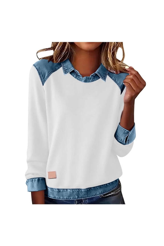 Womens Trendy Sweatshirts Denim Jean Patchwork Lapel Collar Pullover Colorblock Tops Casual Long Sleeve Blouses (L, White)