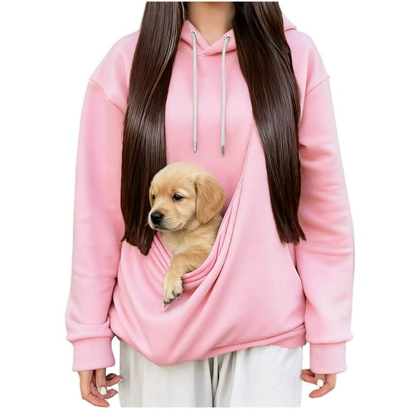 Womens Trendy Sweatshirts Pet Pouch Hoodie Loose Casual Drawstring Hooded Pullover Tops with Front Big Pocket (XL, Pink)