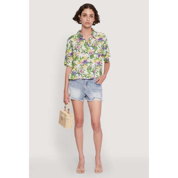 Womens Trendy Tropical Floral Button Front Short Sleeve Shirt