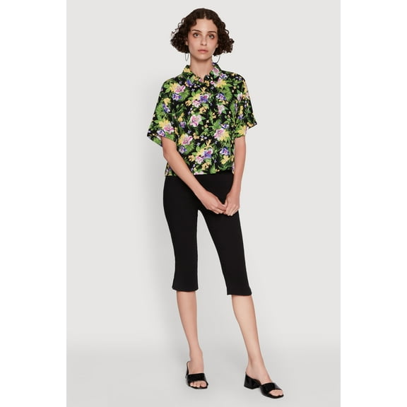 Womens Trendy Tropical Floral Button Front Short Sleeve Shirt
