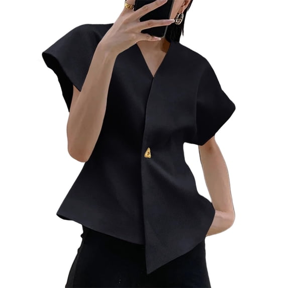 Women V Neck Tops Shirts Short Sleeve One Button Slim Summer Blouses