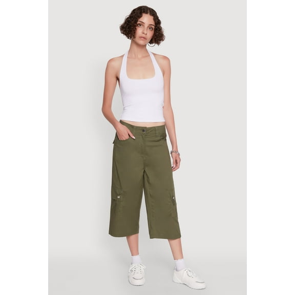 Womens Wide Leg Cargo Pocket Capris Pants