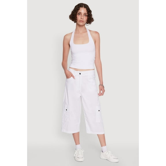 Womens Wide Leg Cargo Pocket Capris Pants