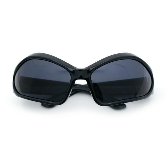 Womens Trendy Wrap Around Bug Eye Oval Sport Fashion Plastic Sunglasses All Black