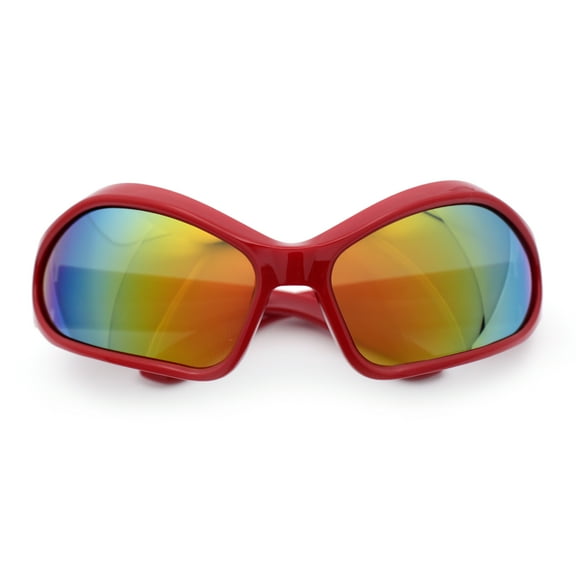 Womens Trendy Wrap Around Bug Eye Oval Sport Fashion Plastic Sunglasses Red - Orange Mirror