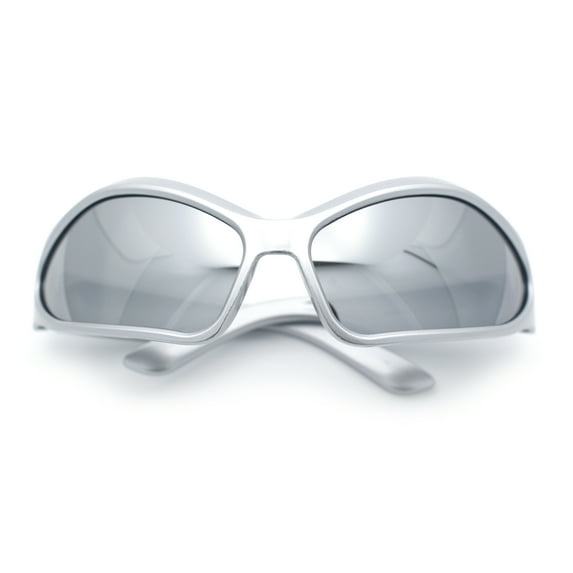 Womens Trendy Wrap Around Bug Eye Oval Sport Fashion Plastic Sunglasses Silver - Silver Mirror