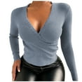 thumbnail image 1 of Womens Trendy Wrap V Neck Sweaters Top Solid Color Long Sleeve Slim Fitting Crop Tops Trendy Casual Business Tops, 1 of 4