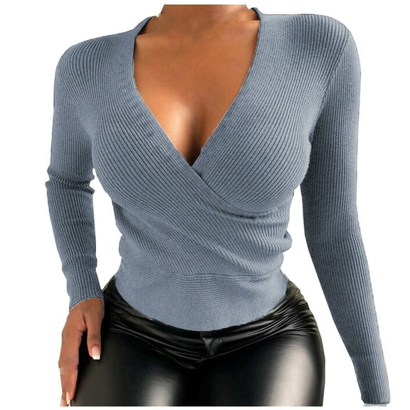 Womens Trendy Wrap V Neck Sweaters Top Solid Color Long Sleeve Slim Fitting Crop Tops Trendy Casual Business Tops