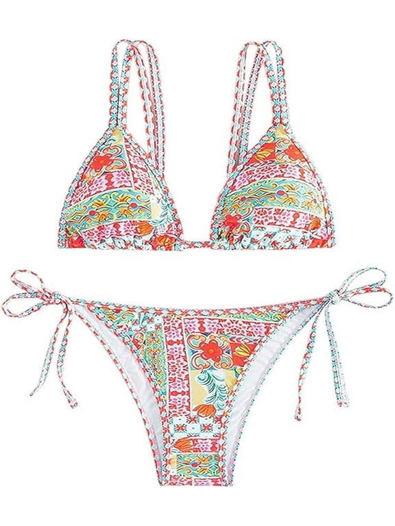 Womens Triangl Bikini 2 Piece Floral Patterned High Waisted Bikini Sets Colorful Top Tong Bathing Suits Bikinis Swimsuit