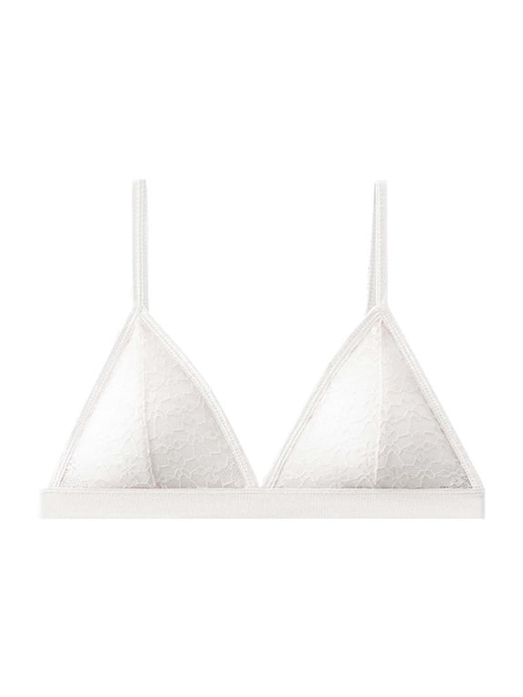 Womens Triangle Lace Bralette Adjustable Straps Wireless Cami Plunge T-Shirt Everyday Bra Soft No Underwire Bras, 80/85/90CD White