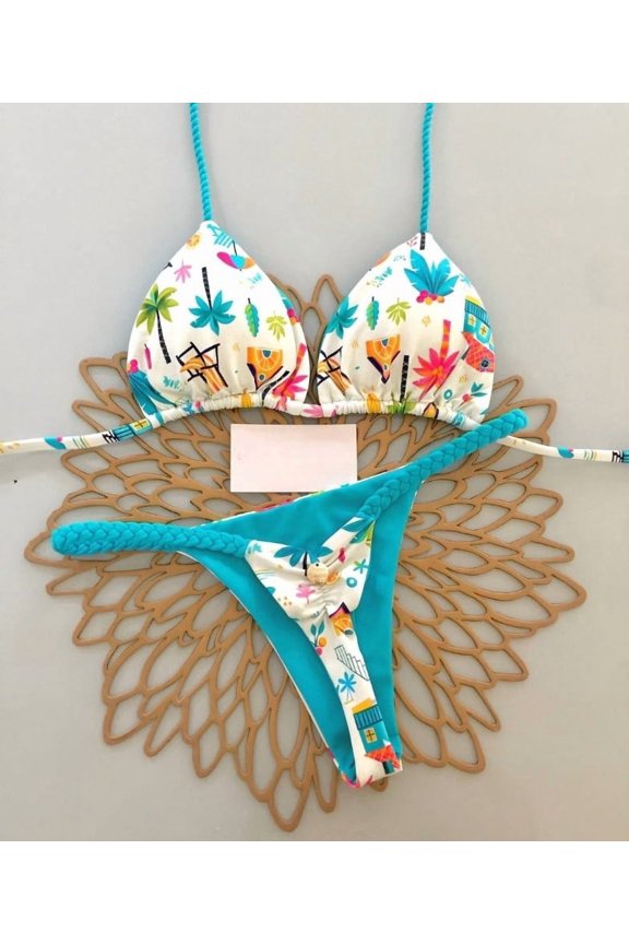 Womens Tropical Palm Tree Print Two Piece Bikini Set Triangle Halter Tie Top Braided Side Tie High Cut Thong Bottom Summer Pool Beach Bathing Suit Multi Color Orange Green Blue S M L Swimwear