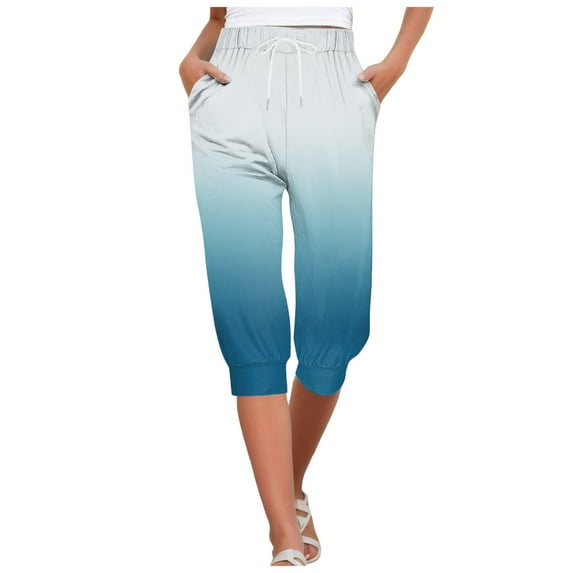 Womens Trouser Pants 4Th of July Flag Independence Day Print Capris Pants Summer Bottom Drawstring Joggers Wide Leg Sweatpants Women Sky Blue M