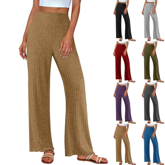 Womens Trouser Pants Plus Size Womens Solid Color Pajama Pants Casual Wide Leg Elastic Waist Ribbed Knit Loose Pants Green M