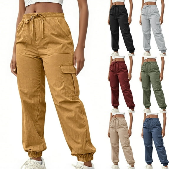 Womens Trouser Pants Solid Color Elastic Waist Cargo Pants with Pockets Women Lightweight Joggers Dry Summer Outdoor Sport Hiking Pants Black M