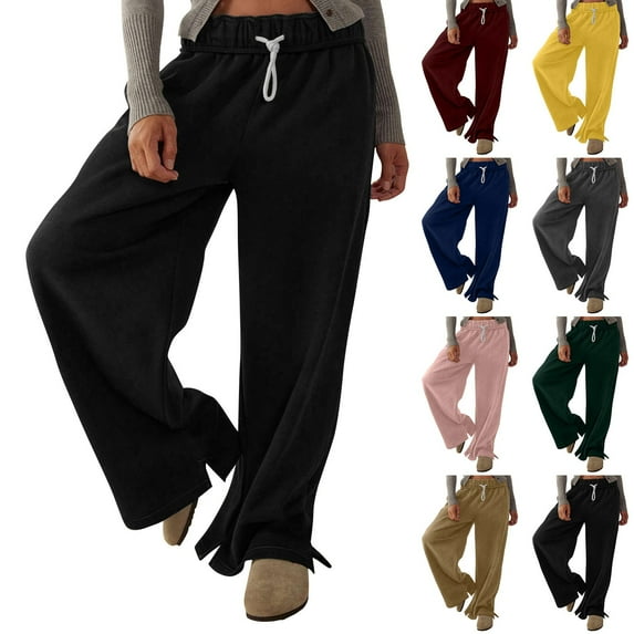 Womens Trouser Pants Solid Color Wide Leg Elastic Waist Slacks for Women Ladies Warm Casual Loose Home Pants Outdoor Joggers Wine L