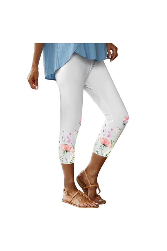 Womens Trousers Elasticated Compression Slacks Slim Fit 3/4 Capri Pants High Waist Printed Trousers Straight Leg Slacks Tight Pants Base Trousers Leggings Slacks 2025 Saving Day