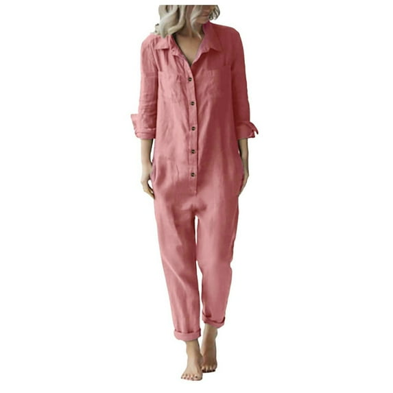 Womens Trousers Fashion Solid Casual Loose Lapel Long Sleeve Button Up Jumpsuit with Pockets Summer Pants for Women 2024